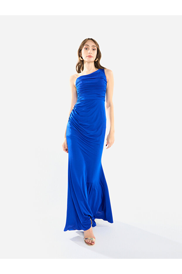 Women One Shoulder Draped Evening Maxi Dress