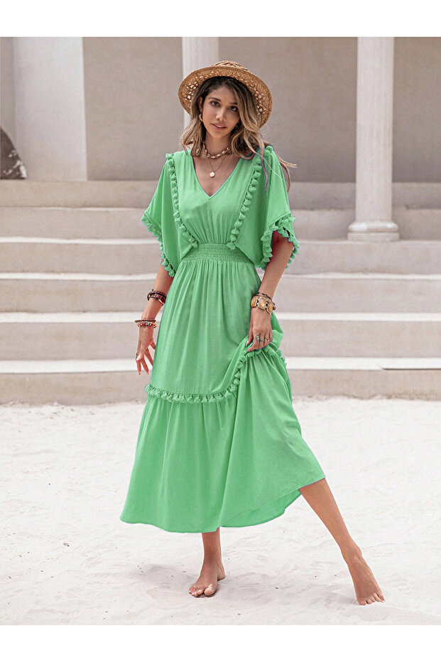 Women's Solid V Neck Tassel Detail Flutter Sleeve Midi Dress