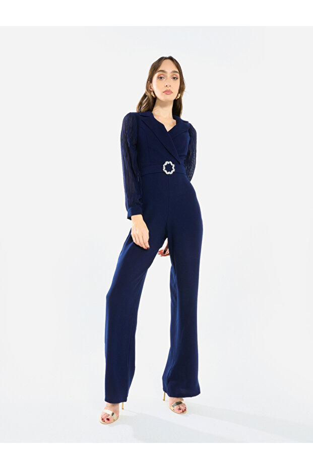 Women Notch Lapel Straight Leg Jumpsuit