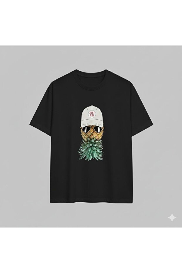 Pineapple with Glasses and Hat Printed Unisex Oversized T-Shirt
