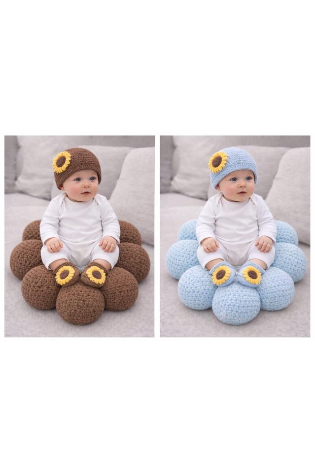 Sunflower Detailed Hand-Knitted Baby Beanie & Booties Set – Organic Look,