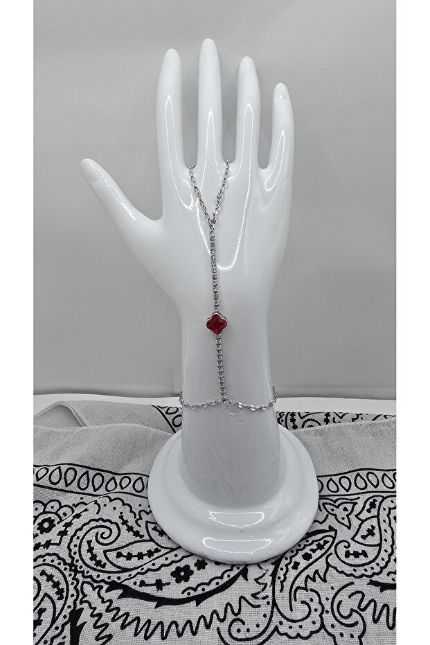 Stainless Steel Silver Color Red Clover Model Zircon Stone Şahmeran