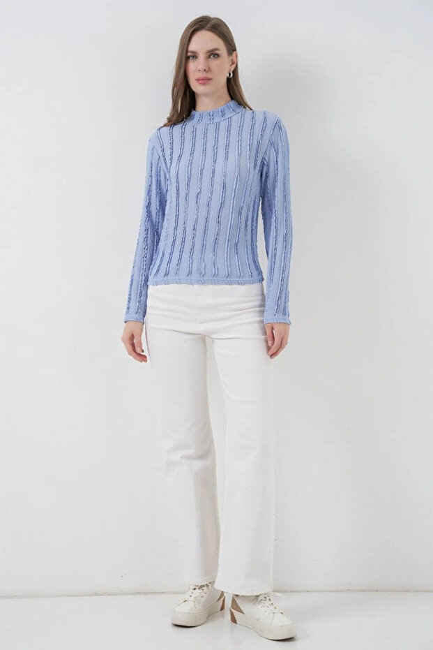 بلوزة محبوكة مرنة بنسيج 975 - أزرق - 2