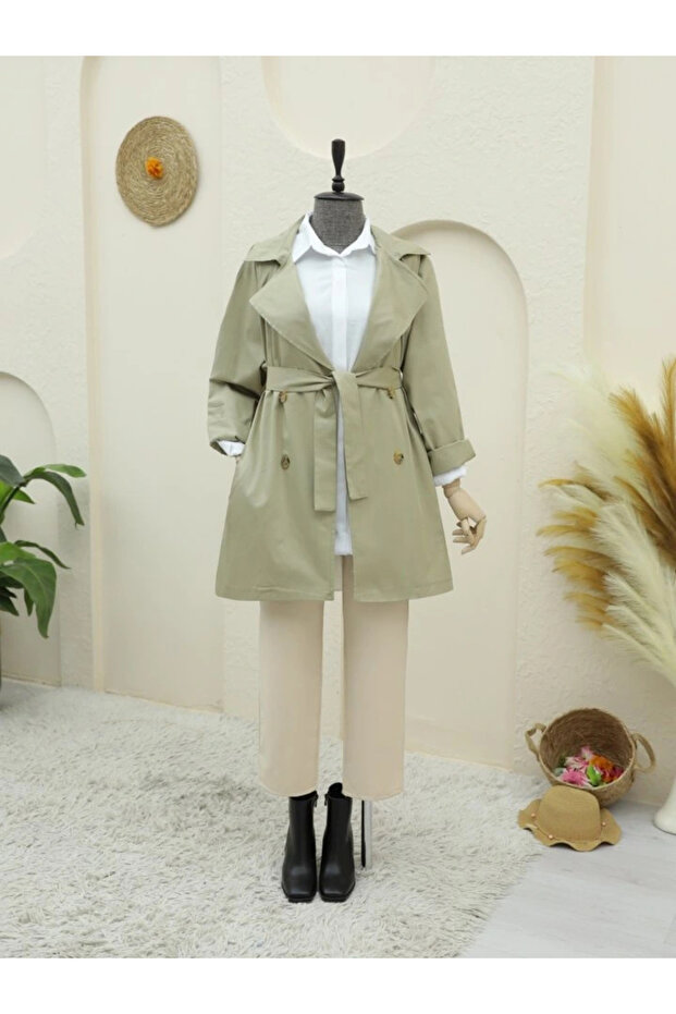 معطف بوليرو مزين بأزرار متوسطة الطول - حجري - 3