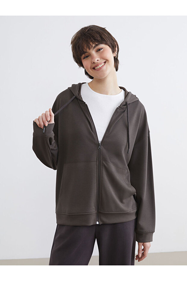 Mg Trenden Khaki Hooded Soft Touch Women's Zippered Sweatshirt
