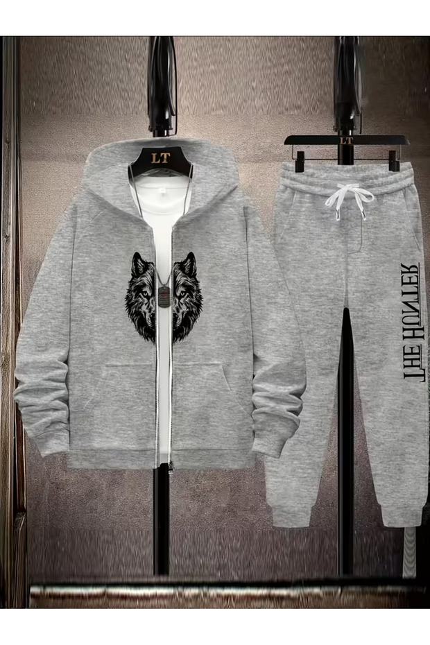 Men's Hooded Zippered Tracksuit Set – Set of 2, Digital Print, with Pants