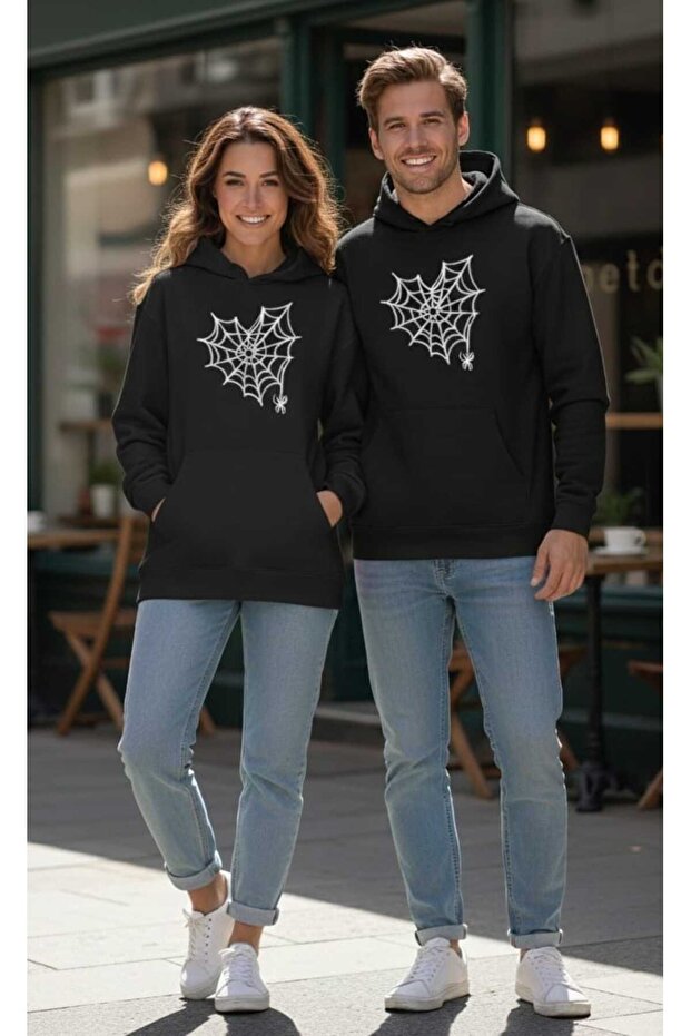 سويت شيرت للجنسين قصة فضفاضة Sevgili Couple Combination هدية عيد الحب شبكة العنكبوت مطبوع
