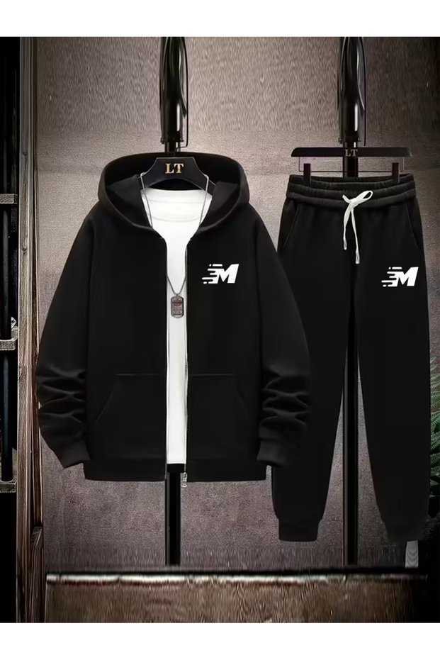 Men's Hooded Zippered Tracksuit Set – Set of 2, Digital Print, with Pants