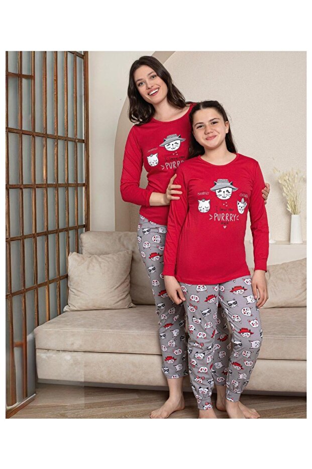 Mother-Daughter Cotton Combed Fabric Red Color Kitten Pattern Pajama Set