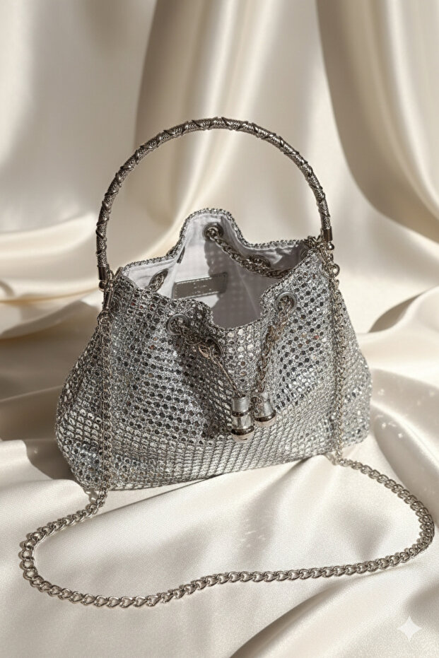 Crystal Stone Look Drawstring Silver Evening Bag - 2