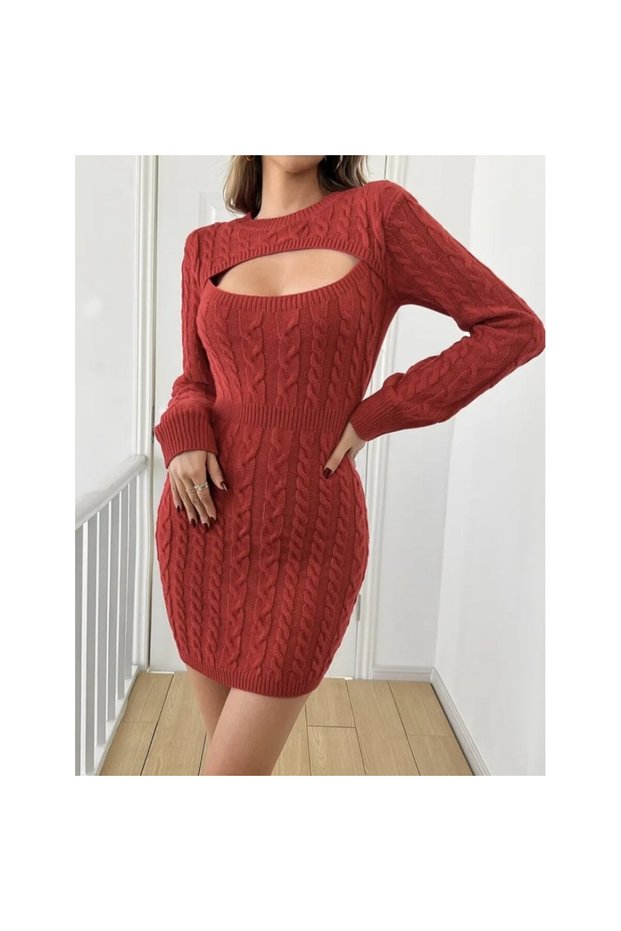 Women's Long Sleeve Half Turtleneck Window Chest Detail Mini Knitwear Dress 30650