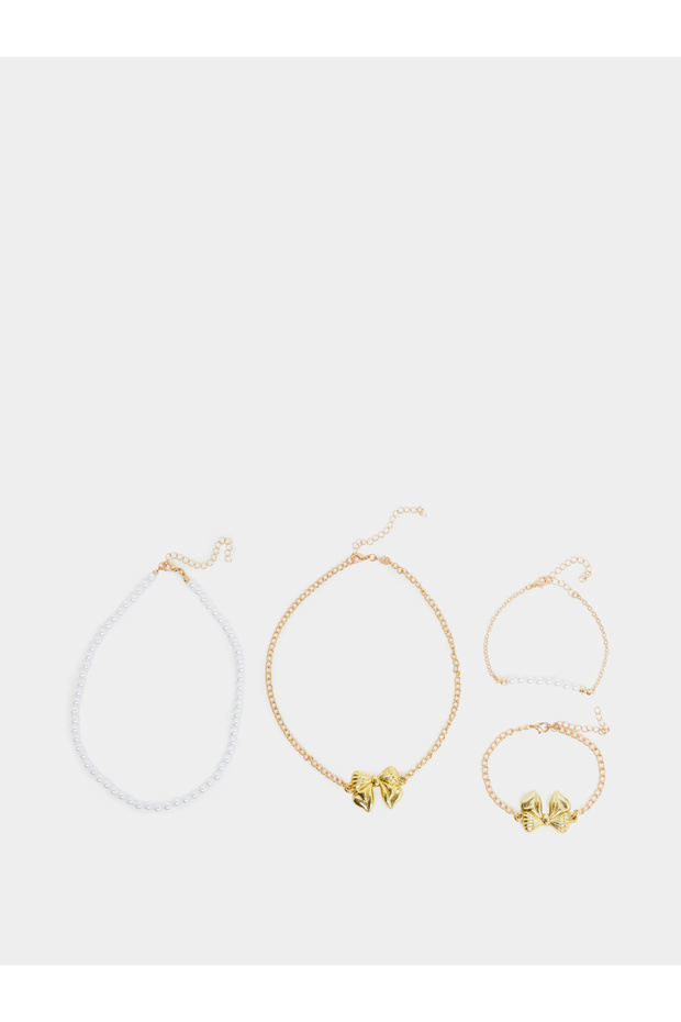 Gold Tone Bow Necklace and Bracelet Set
