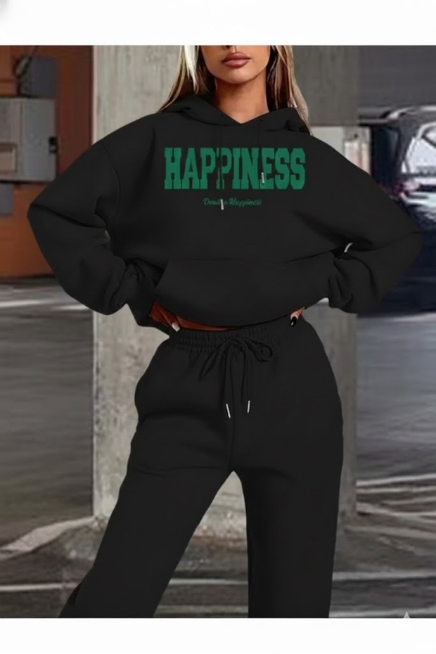 Happıness Printed Hooded Alt Üst Oversized Women's Black Gray Tracksuit Set