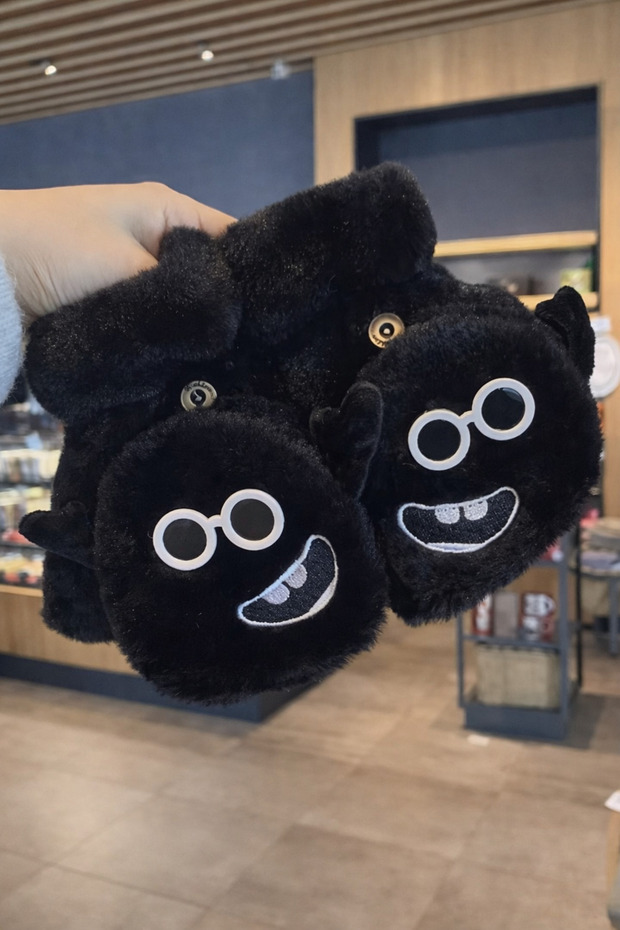 Cute Monster Figure Plush Winter Gloves – Soft Textured, Unisex, Black & White