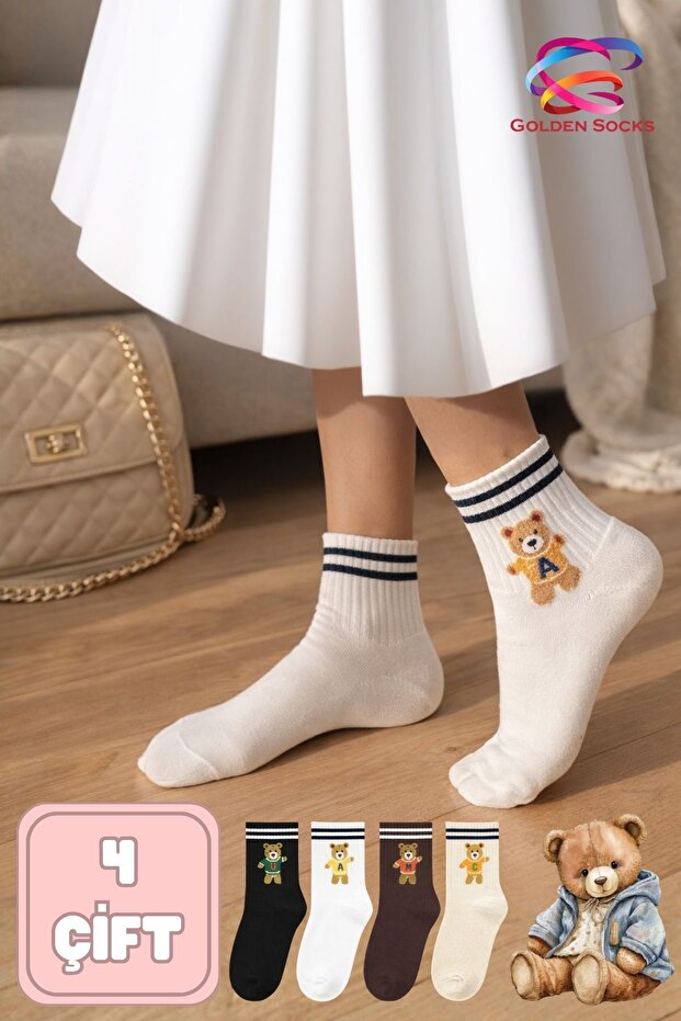 Women's Cotton Socks 4 Pairs Teddy Bear Patterned Comfortable Daily Socks