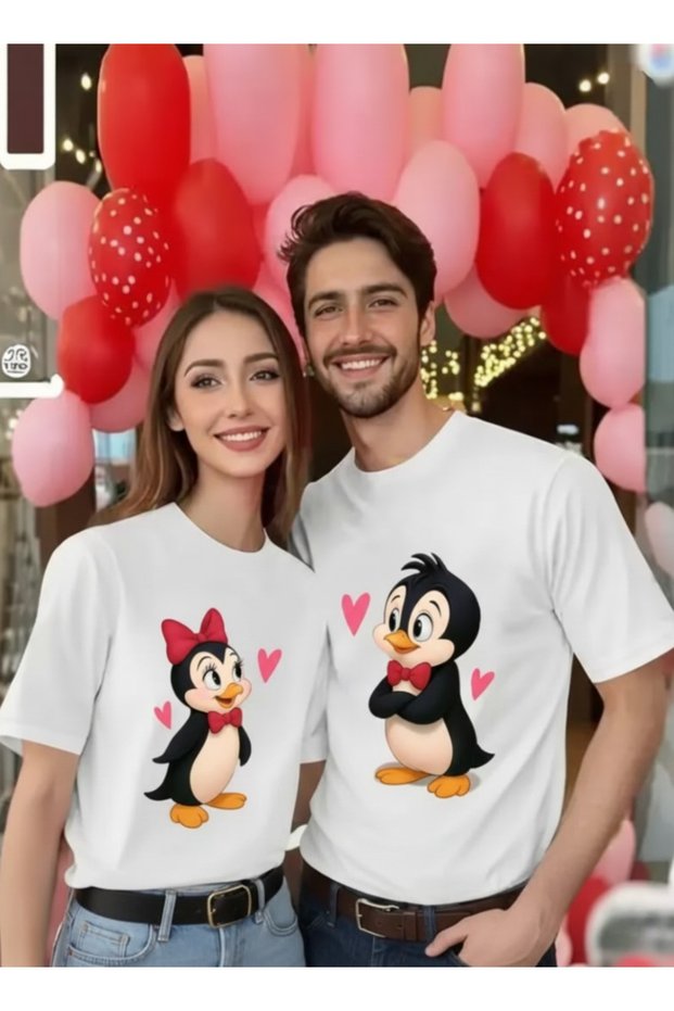 Cute Penguin Design Matching Couple Lover Combination Regular T-Shirt 2-Piece 100% Cotton