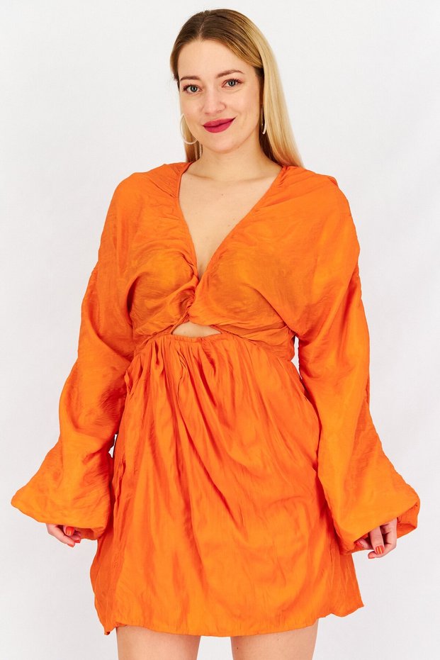 Women Twisted And Cut out Front Detail Casual Wrap Mini Dress, Orange