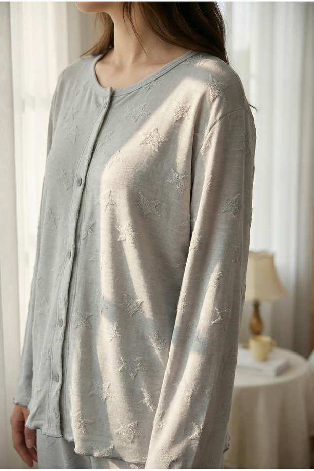 Gray Star Pattern Patchli Front Buttoned Knitted Pajama Set - 5