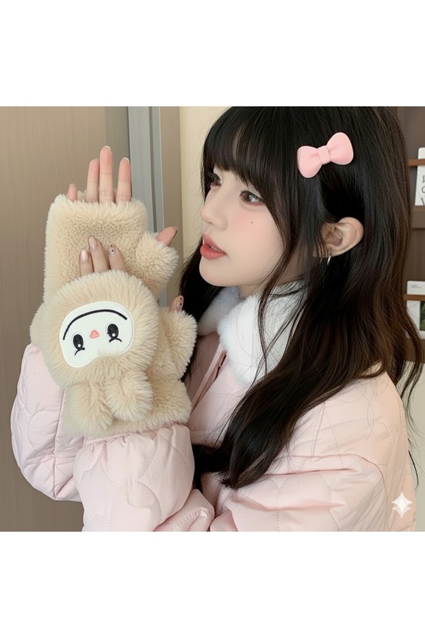 Labubu Winter Snow Gloves Plush Luxury Soft Buttoned Cover Fingerless Boys Girls Children Gift