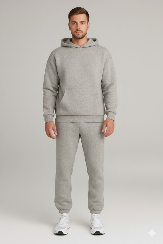 Men's Oversized Gray Hooded Tracksuit Set with Fleece Inside