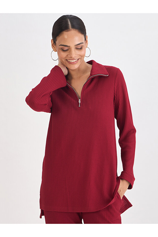 Women Deep Red Waffle Knit High Neck Top