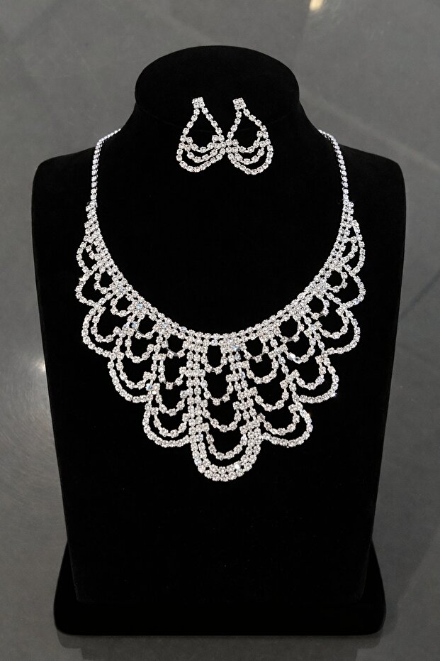 Silver Color Stone Detailed Evening Dress/Wedding Set