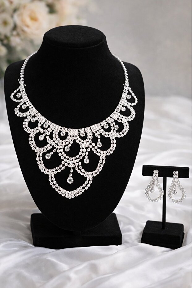 Silver Color Stone Detailed Evening Dress/Wedding Set