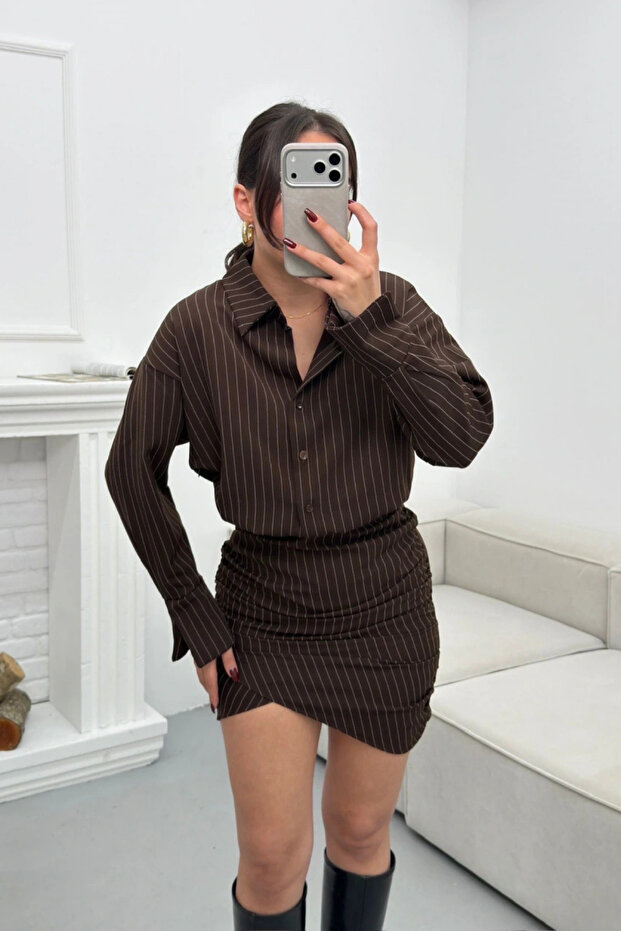 Çizgili Mini Gömlek Elbise - 1