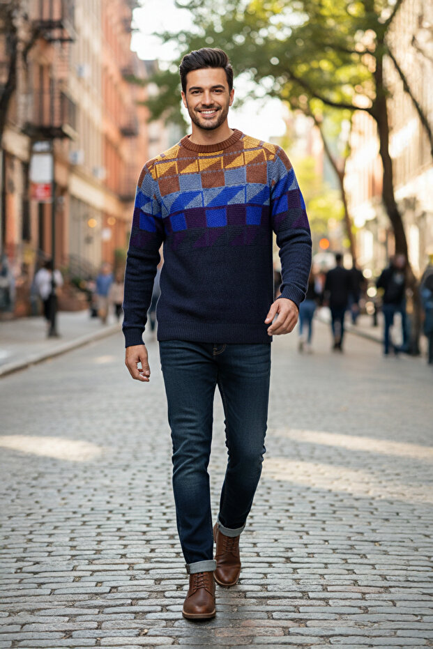 سترة رجالية بياقة دائرية ونقشة هندسية - 3