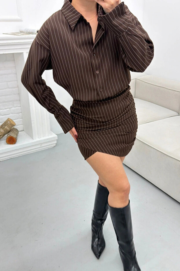 Çizgili Mini Gömlek Elbise - 4