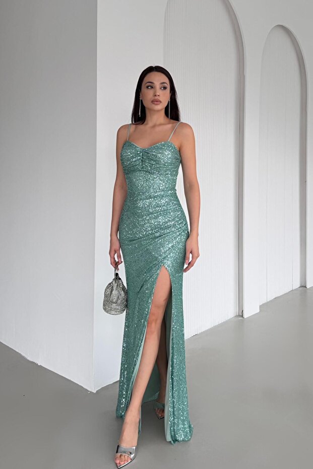 Mint Thin Strap Y Slit Sequin Evening Dress