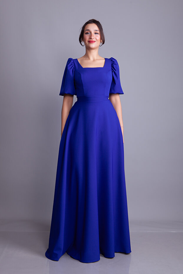 Sax Blue Balloon Sleeve Square Neck Maxi Length Dress