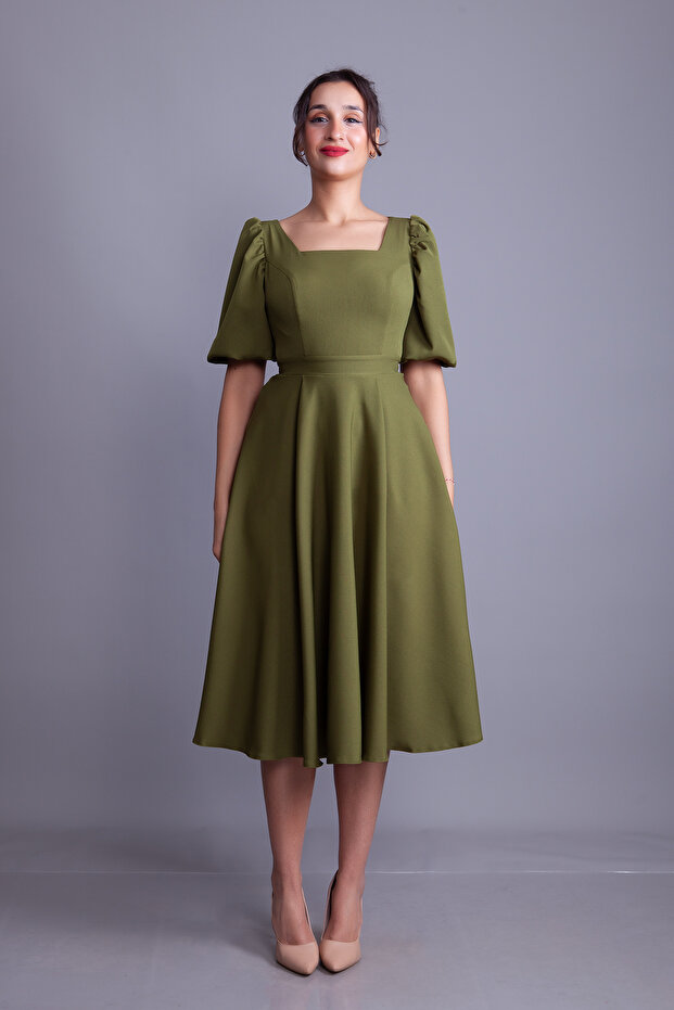 Khaki Balloon Sleeve Square Neck Midi Dress