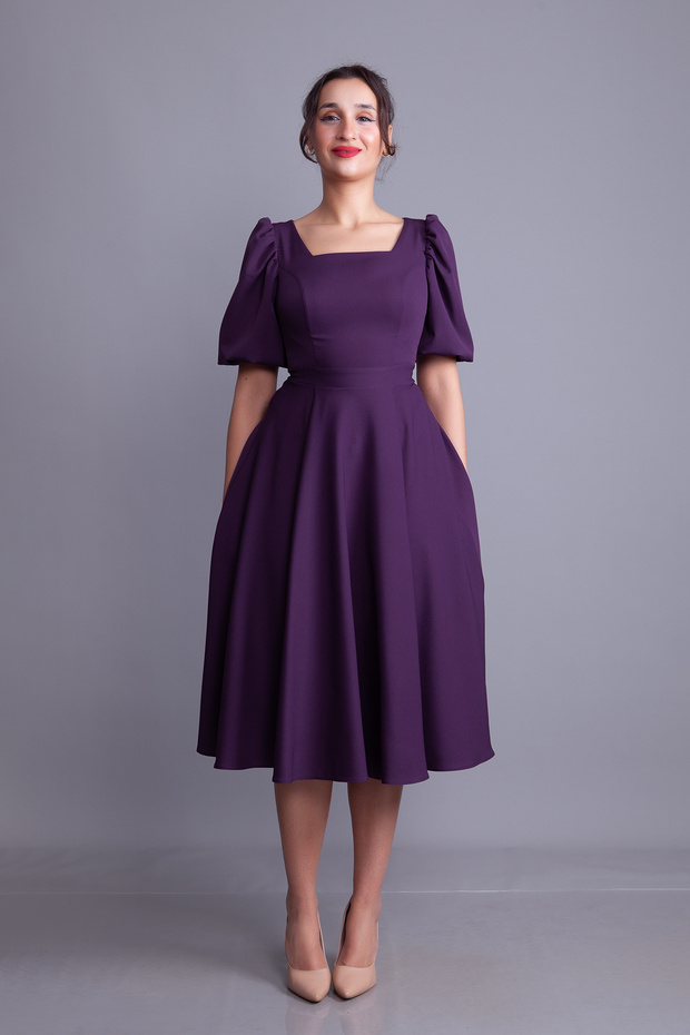 Plum Balloon Sleeve Square Neck Midi Dress