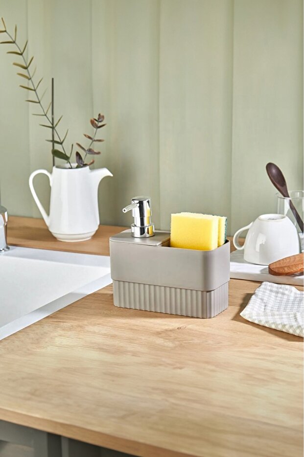 2-Compartment Kitchen Liquid Soap Dispenser with Sponge Holder, Practical Soap Dispenser, Detergent and Sponge Organizer