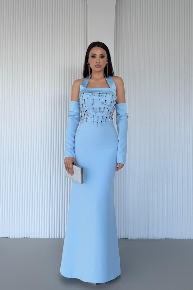 Baby Blue Stone Embroidered Sleeve Detailed Strap Evening Dress