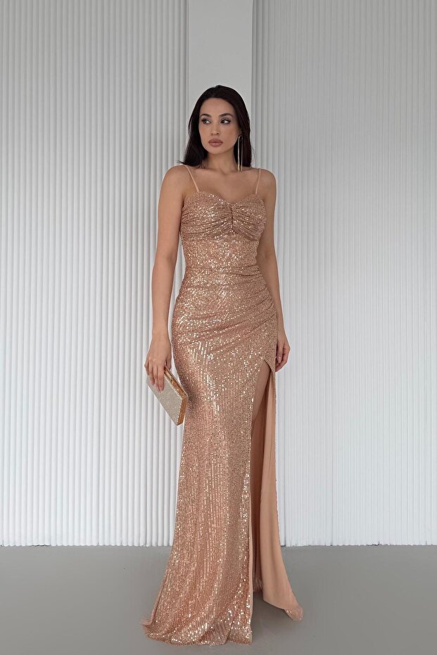 Gold Thin Strap Y Slit Sequin Evening Dress