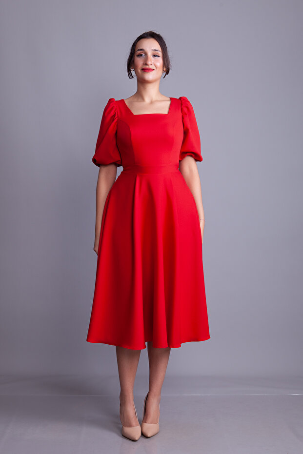 Red Balloon Sleeve Square Neck Midi Dress