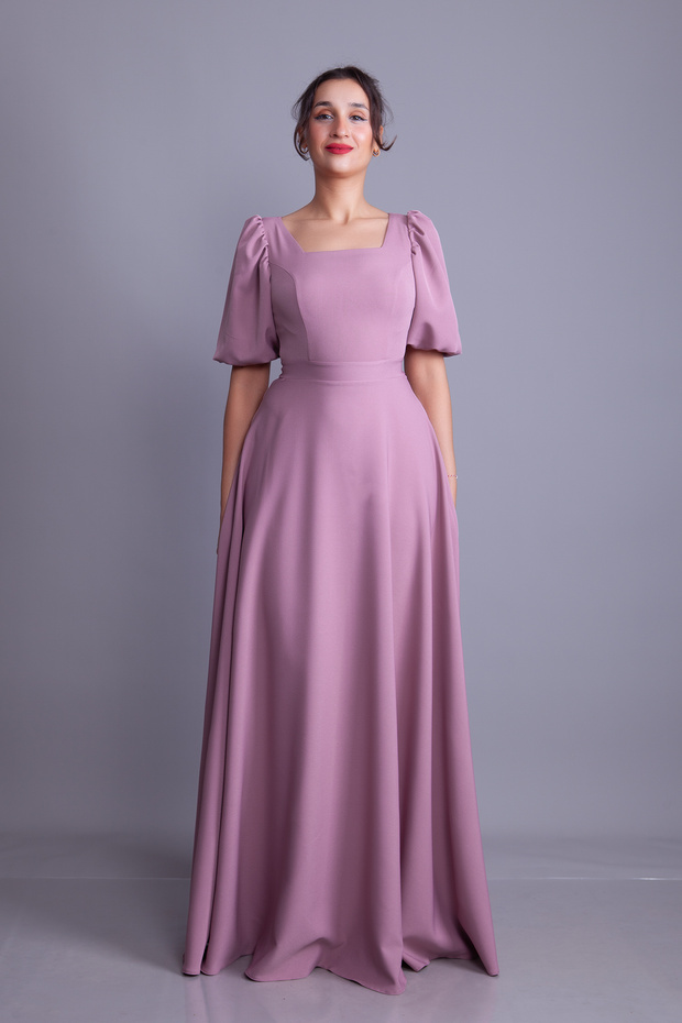 Dark Rose Dry Balloon Sleeve Square Neck Maxi Dress