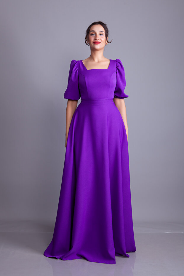 Purple Balloon Sleeve Square Neck Maxi Dress