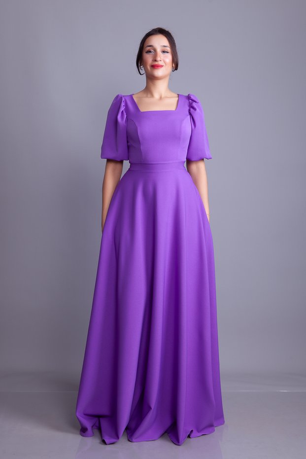 Lilac Balloon Sleeve Square Neck Maxi Dress