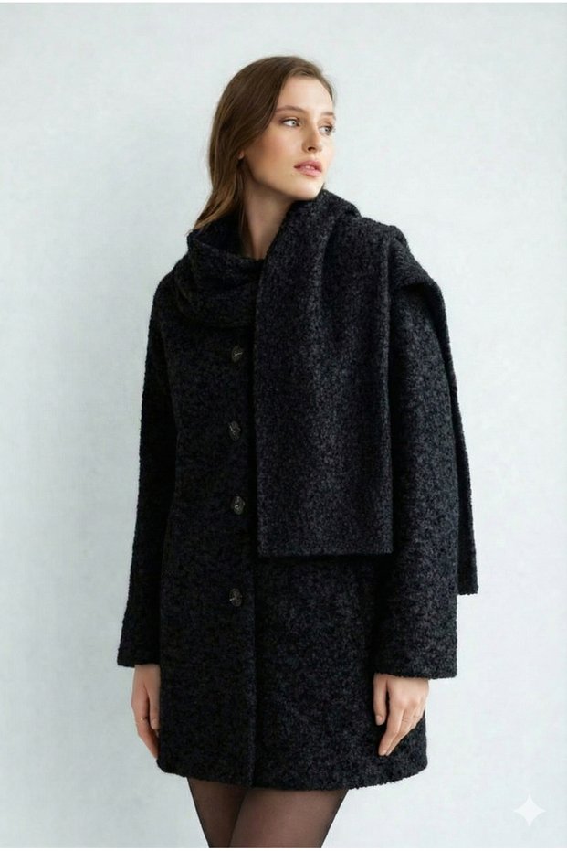 Women's Shirt Collar Shawl Detailed Curly Bearded Lined Cashmere Coat D99747