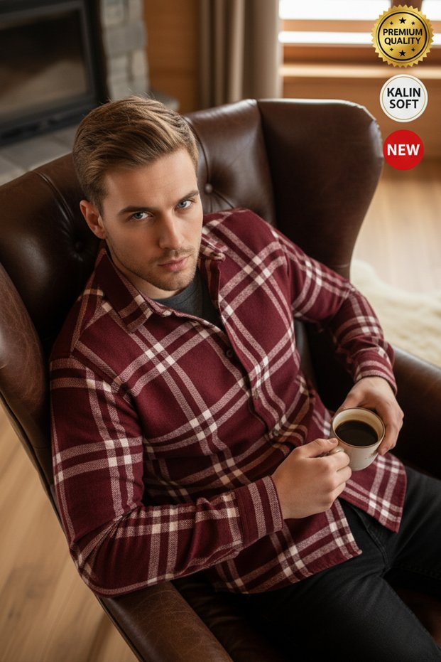 Men's Burgundy White 2-Line Lumberjack Thick Soft Textured Regular Old Money Culture Shirt