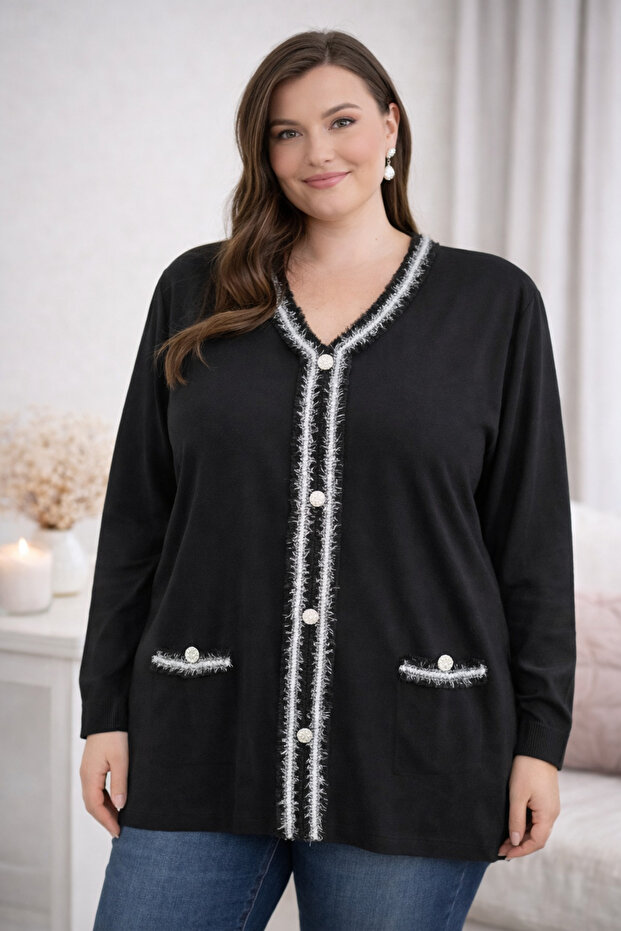 Elegant and Soft Cashmere Cardigan-Looking Classic Sweat Plus Size Blouse