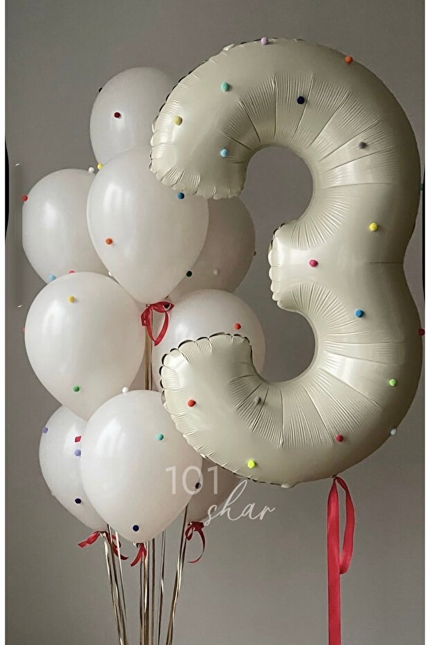 Beige 3 Year Old Foil Balloon Set with Colorful Pompoms