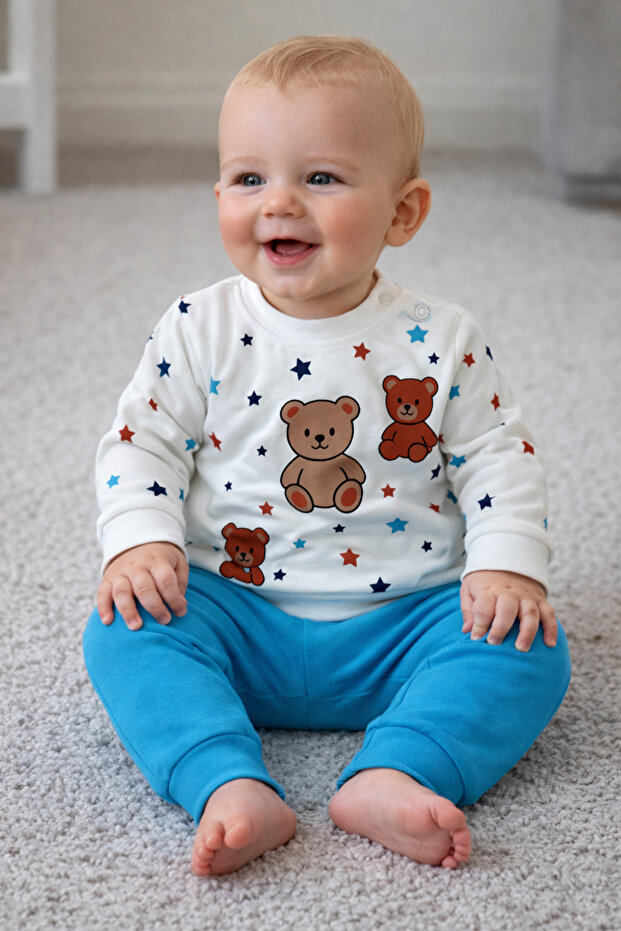 Baby Boy Star & Teddy Bear Printed Baby Set (2 Pieces)
