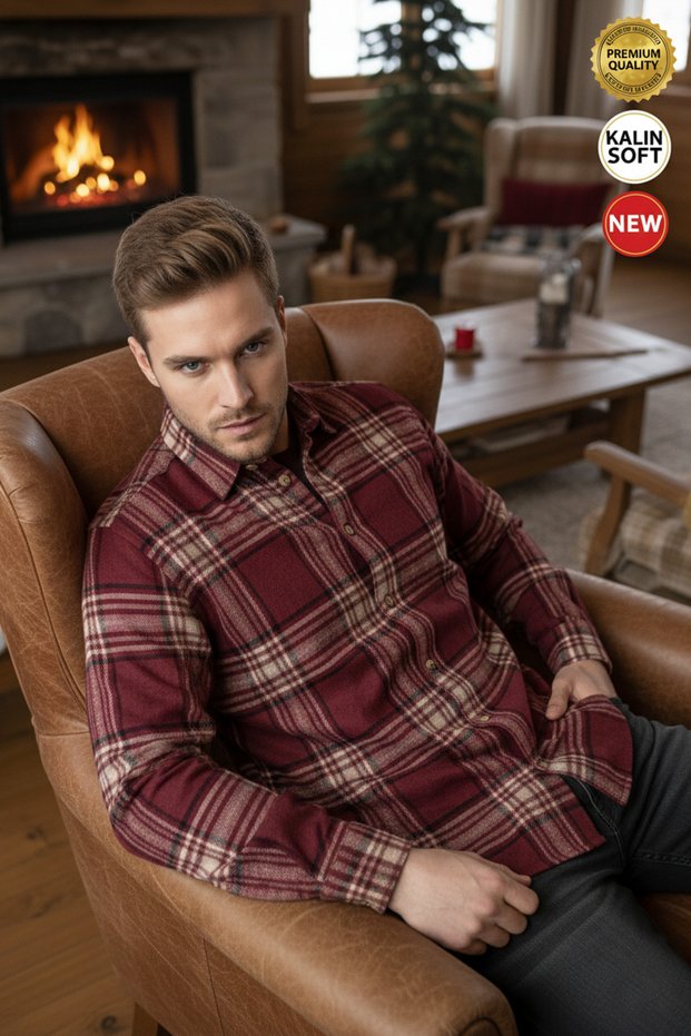 Men's Burgundy Beige Black Striped Plaid Lumberjack Thick Soft Textured Regular Old Money Culture Shirt