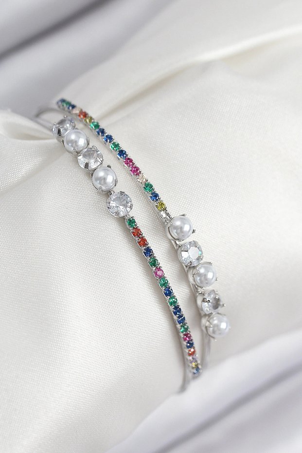 Brass Zircon Stone Pearl Model Silver Rk Women's Bracelet