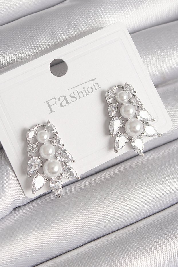 Brass Silver Rk Zircon Stone Leaf Model Pearl Detail Women's Earrings