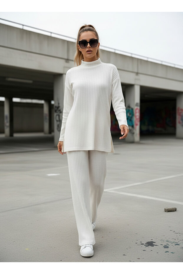 Women's Loose Fit Half Turtleneck Tunic and Bottom Top Set with Elastic Waist Pants